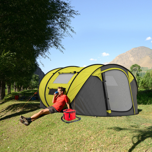 Outsunny 4 Person Pop-up Camping Tent Family Tent with Ground Sheet, 4 Windows and Portable Carry Bag for Beach Outdoor Trip, Yellow
