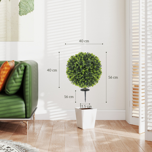 HOMCOM Set of 2 40 cm Artificial Boxwood Topiary Ball Bush with Integrated Ground Stake, Indoor Outdoor UV Resistant Faux Greenery, Faux Plants for Garden, Porch, Balcony