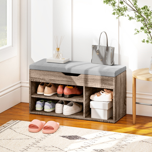 HOMCOM Shoes Cabinet Bench Hidden Storage Padded Seat Organiser Footwear Rack Hallway Grey Wood Grain