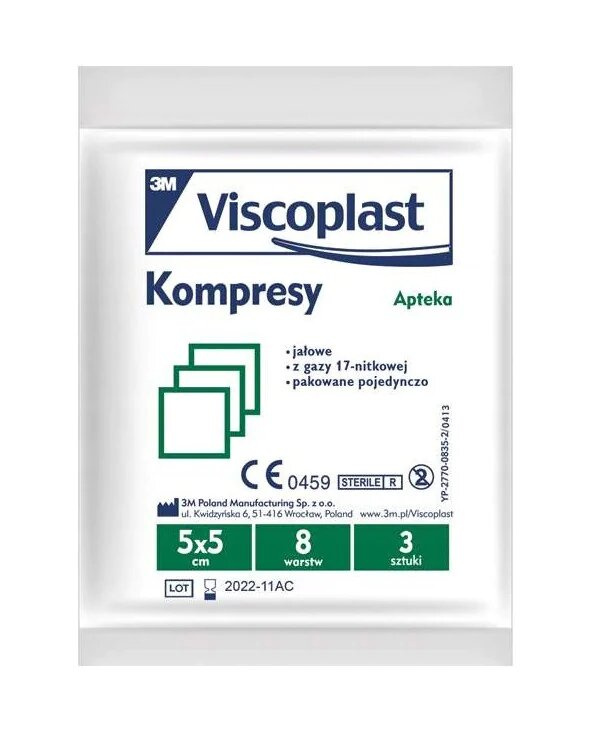 Viscoplast Kompresy Jałowe 5X5 cm Opatrywanie Ran 17-Nitkowa 3 Sztuki