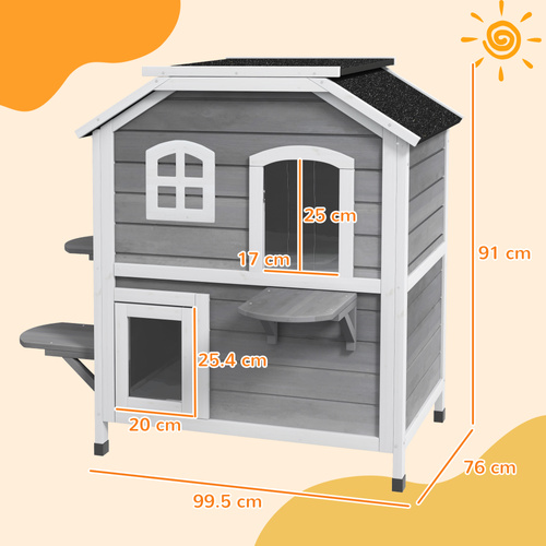 PawHut 2-story Cat House Outdoor, Weatherproof Wooden Cat Enclosure for Feral Cats with Escape Door, Openable Roof, Jumping Platforms, Grey