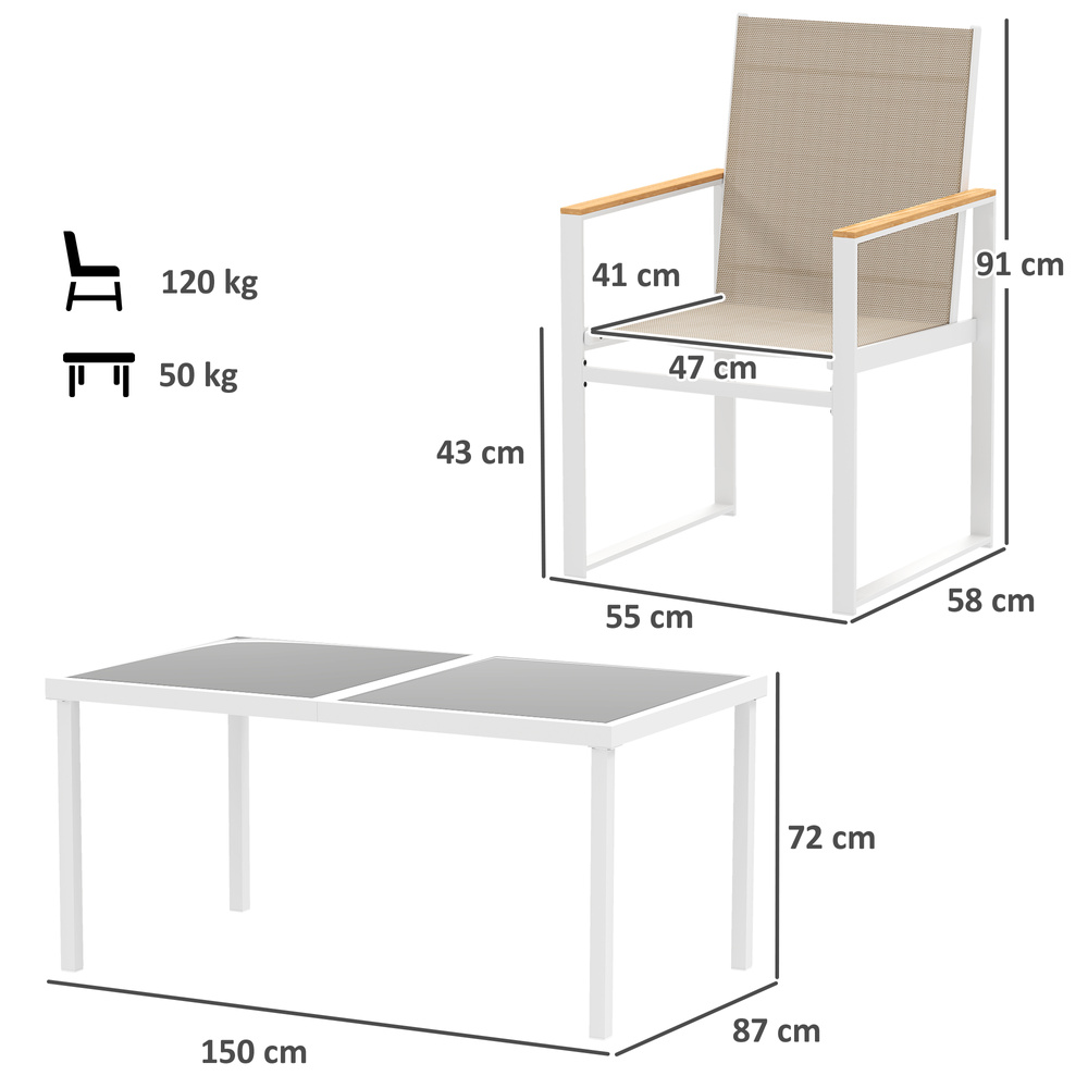 Outsunny 5 Piece Garden Furniture Set with 4 Armchairs and Tempered Glass Table Top, for Deck, Balcony