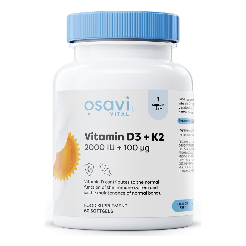Osavi Witamina D3 + K2 2000 IU + 100 mcg Na Zdrowe Kości i Odporność 60 Kapsułek