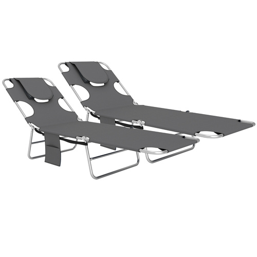 Outsunny Foldable Sun Lounger Set of 2, Beach Chaise Lounge with Reading Hole, Arm Slots, 5-Position Adjustable Backrest, Side Pocket, Pillow for Garden, Beach, Pool, Dark Grey