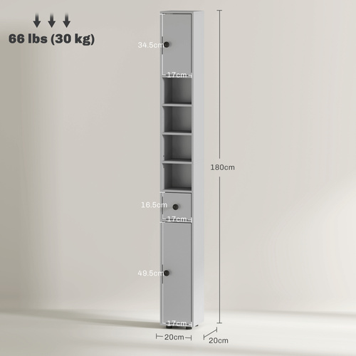 kleankin 180cm Slim Bathroom Cabinet, with Drawer, Shelves and Cupboards - Grey