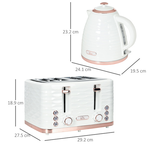 HOMCOM Kettle and Toaster Sets, 3000W 1.7L Rapid Boil Kettle & 4 Slice Toaster with 7 Browning Controls, Defrost, Reheat and Crumb Tray, UK Otter thermostat, Cream White