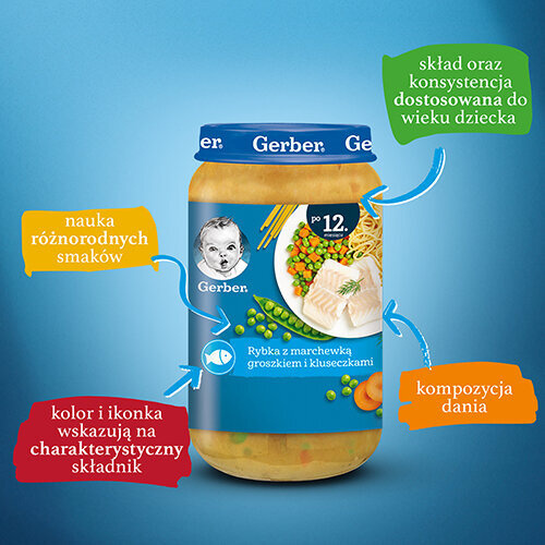 Gerber Danie Rybka z Marchewką Groszkiem i Kluseczkami dla Dzieci po 12 Miesiącu 250g Best Before 30.11.26