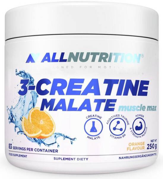Allnutrition 3-Creatine Malate Jabłczan Kreatyny z Dodatkiem Tauryny i Witaminy B6 Orange 250g