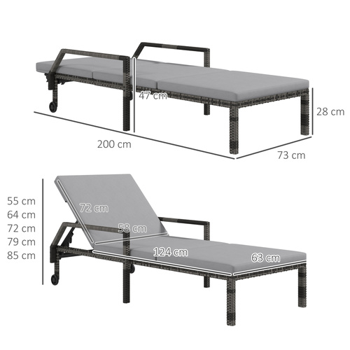 Outsunny Outdoor Sun Lounger, Rattan Wicker Chaise Recliner with 5-Level Adjustable Backrest and 2 Wheels