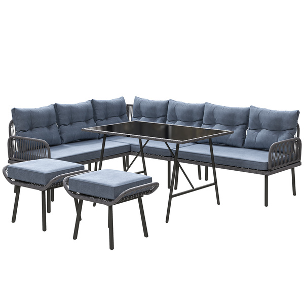 Outsunny 6 Piece Rattan Garden Furniture Set, 8 Seater Garden Corner Sofa with Cushions and Glass Top Table, Sectional Outdoor Furniture Conservatory Set for Patio, Charcoal Grey