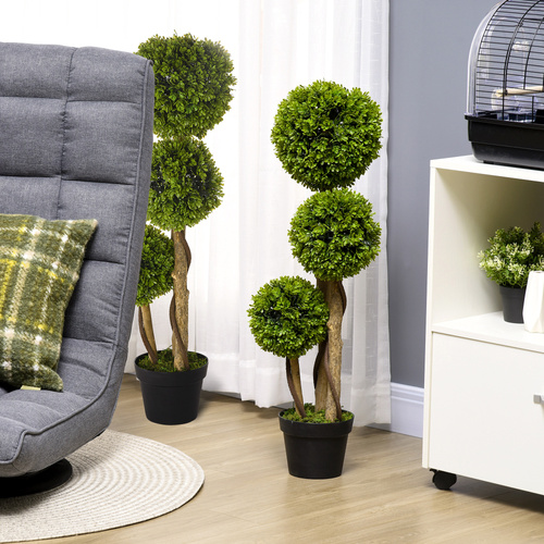 HOMCOM Set of 2 Decorative Artificial Tree Boxwood Ball Topiary Tree in Pot, Fake Plant for Home Indoor Outdoor Decor, 90 cm, Light Green