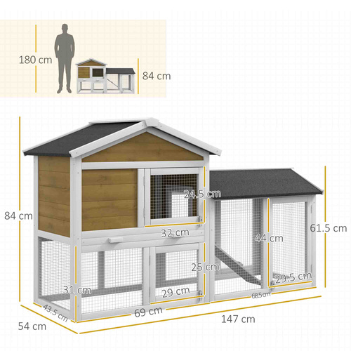 PawHut Wooden Rabbit Hutch Outdoor, Double Tier with Water-Resistant Roof, Ramp 147 x 54 x 84 cm, Yellow