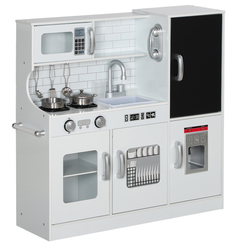 AIYAPLAY Pretend Play Kitchen, Kids Kitchen Playset, with Toy Phone, Chalkboard, Microwave, Cooking Stove, Sink, White