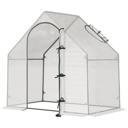 Outsunny Walk In Tomato Greenhouse Garden Outdoor Mini Greenhouse Flower Planter Steel Frame with Zipped Door & Window, PE Cover, 180 x 100 x 168CM, White