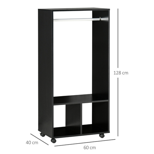 HOMCOM Open Wardrobe on Wheels, Bedroom Wardrobe with Clothes Hanging Rail, 2 Storage Shelves, Mobile Garment Rack for Cloakroom, Hallway, Black