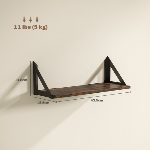 HOMCOM Set of 3 Wall Shelves, 43cm Vintage Wall Mounted Floating Shelves for Living Room, Entryway, Bedroom, Rustic Brown