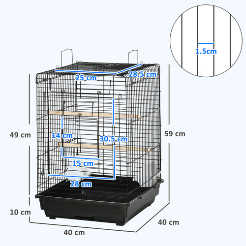PawHut Steel Bird Cage with Openable Top, Stand, Tray, Handles, Feeding Bowls for Parakeet, Finch - Black
