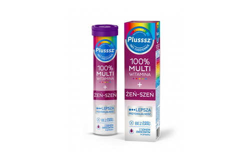 Polski Lek S.A. Plusssz 100% Multiwitamina + Żeń-Szeń Stres i Dobre Samopoczucie 20 Tabletek Musujących
