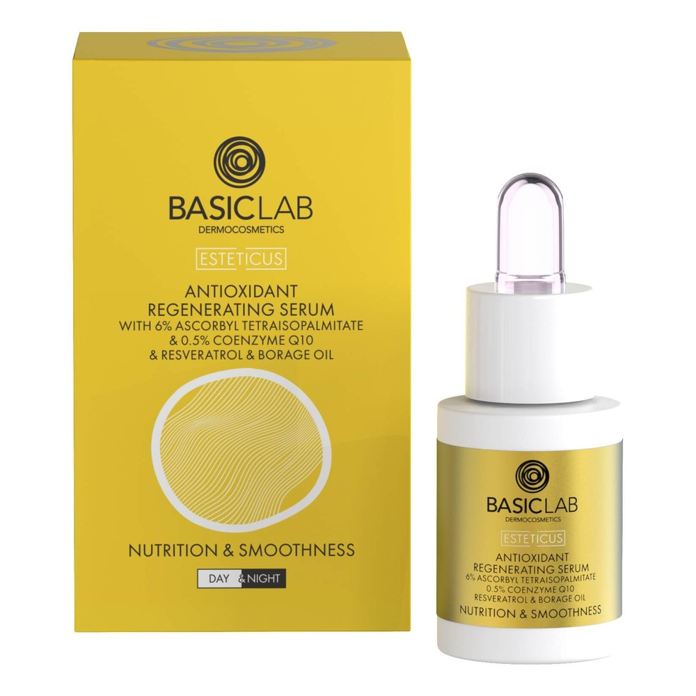 BasicLab Dermocosmetics Antyoksydacyjne Serum Regenerujące Odżywienie i Wygładzenie dla Skóry Suchej i Bardzo Suchej na Dzień i na Noc 15ml