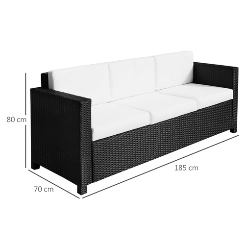 Outsunny 3 Seater Rattan Sofa All-Weather Wicker Weave Metal Frame Chair with Fire Resistant Cushion, Black