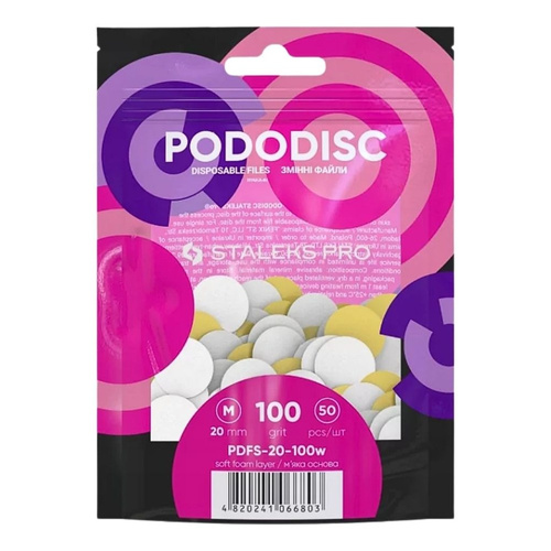 Staleks Pro Expert Pododisc Disposable Pedicure White Files Discs on Soft Foam Layer Size M 20mm Grit100 50pcs