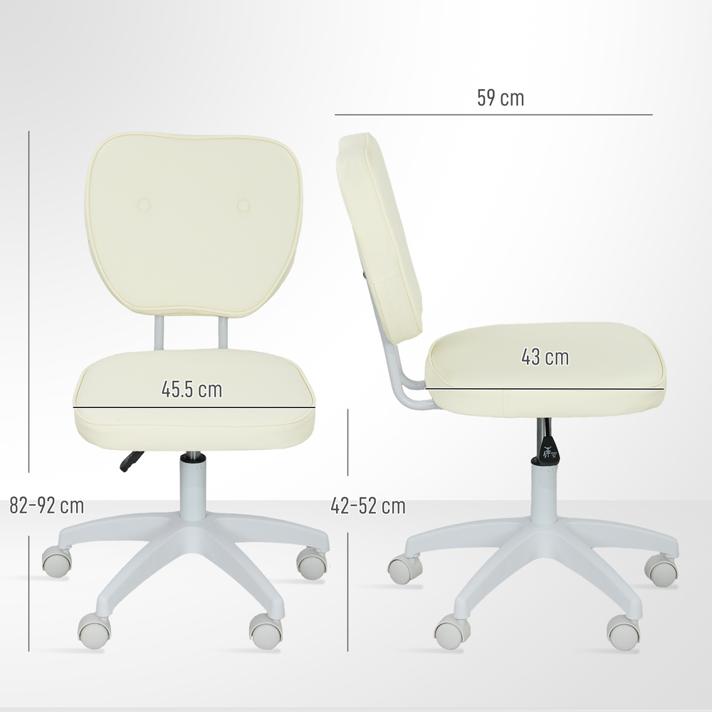 Vinsetto Vanity Office Chair, PU Leather Computer Chair for Home, with Adjustable Height, Armless, Swivel Wheels, Cream