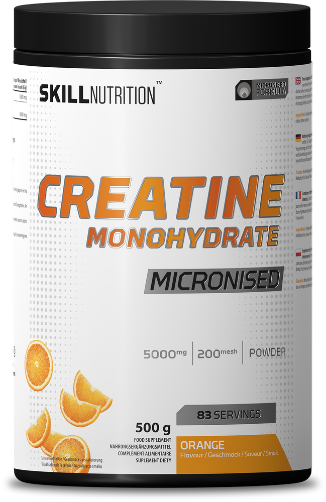 Skill Nutrition Micronised Creatine Monohydrate Orange Flavoured Powder for Muscle Gain and Performance 500g