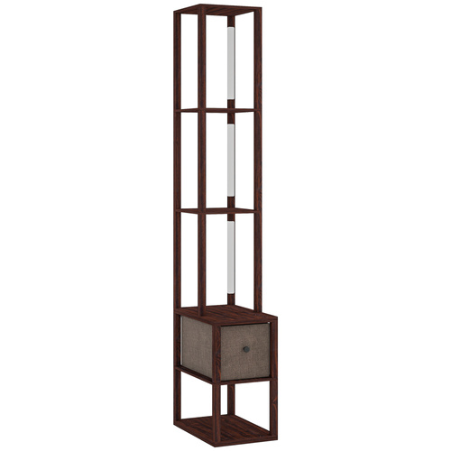 HOMCOM Floor Lamp with Shelves, LED Column Modern Standing Lamp with Fabric Drawer, Adjustable Brightness, Foot Switch for Living Room, Bedroom, Office, Dark Brown