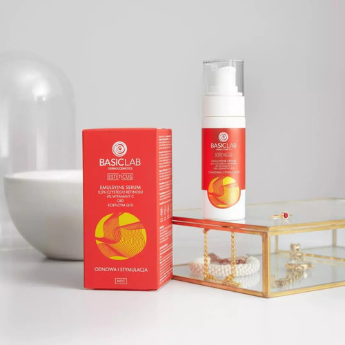 BasicLab Dermocosmetics Emulsyjne Serum z 0,5% Czystego Retinolu 4% Witaminy C i Koenzymem Q10 Odnowa i Stymulacja 30ml
