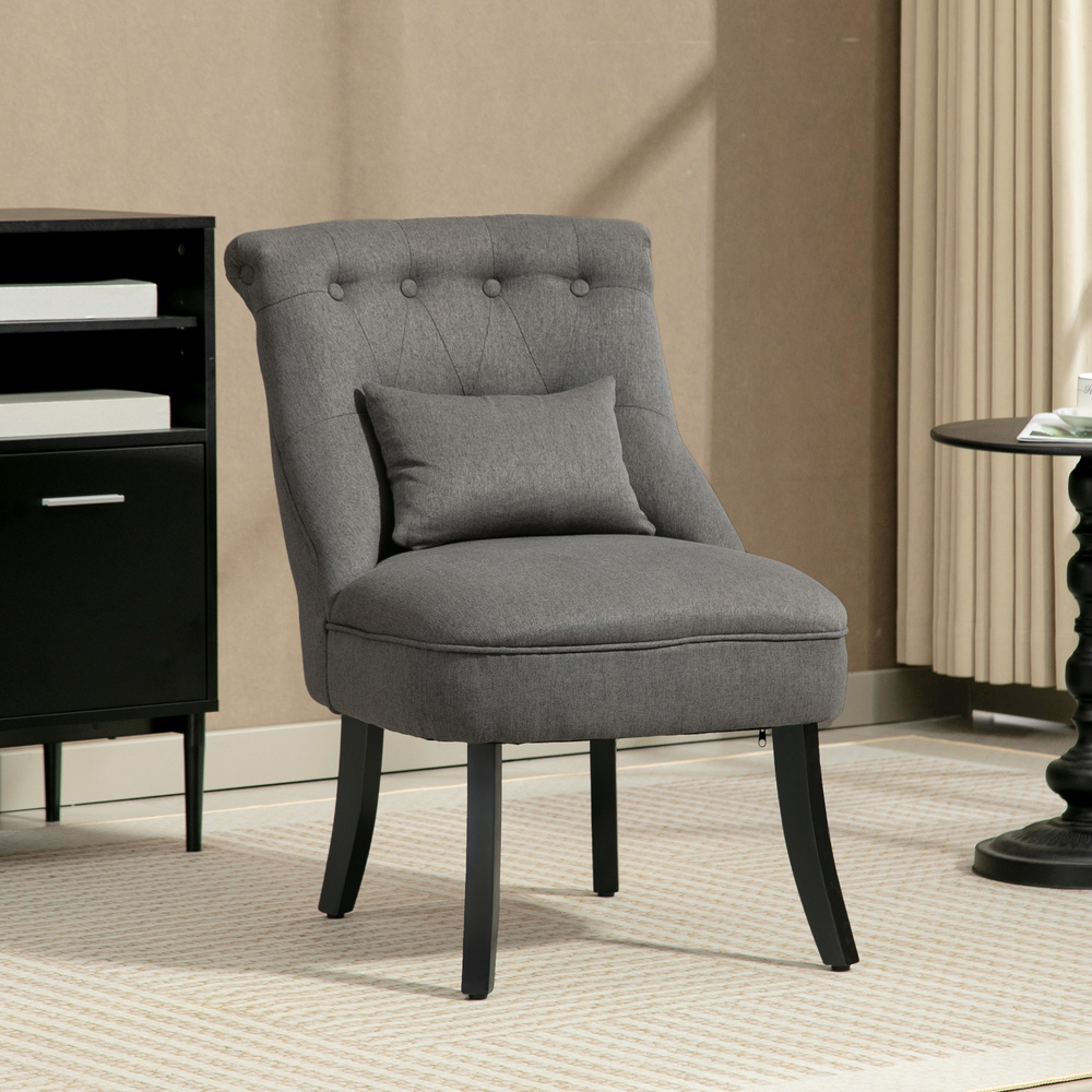 HOMCOM Fabric Single Sofa Dining Chair Tub Chair Upholstered W/ Pillow Solid Wood Leg Home Living Room Furniture Charcoal Grey