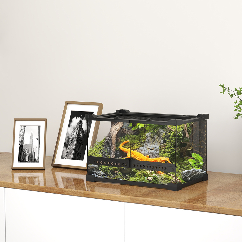 PawHut Reptile Glass Terrarium with Stone Background, Front Ventilation, Escape-Proof Knob Lock, 30 x 20 x 20 cm, Black