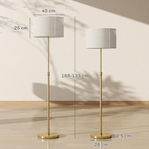 HOMCOM Floor Lamp with Remote, Height Adjustable Standing Lamp with Linen Shade, Dimmable with 3000K-6000K Adjustable Colour Temperatures, Foot Switch for Living Room Bedroom Office, Gold Tone