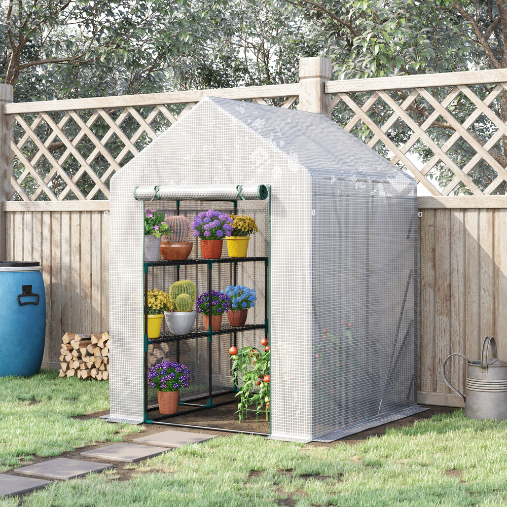 Outsunny Walk In Greenhouse with 2 Tier Shelf, Portable Gardening Plant Grow House Tomato Greenhouse with Roll up Zip Panel Door, Reinforced PE Cover, 143 x 143 x 195cm, Green