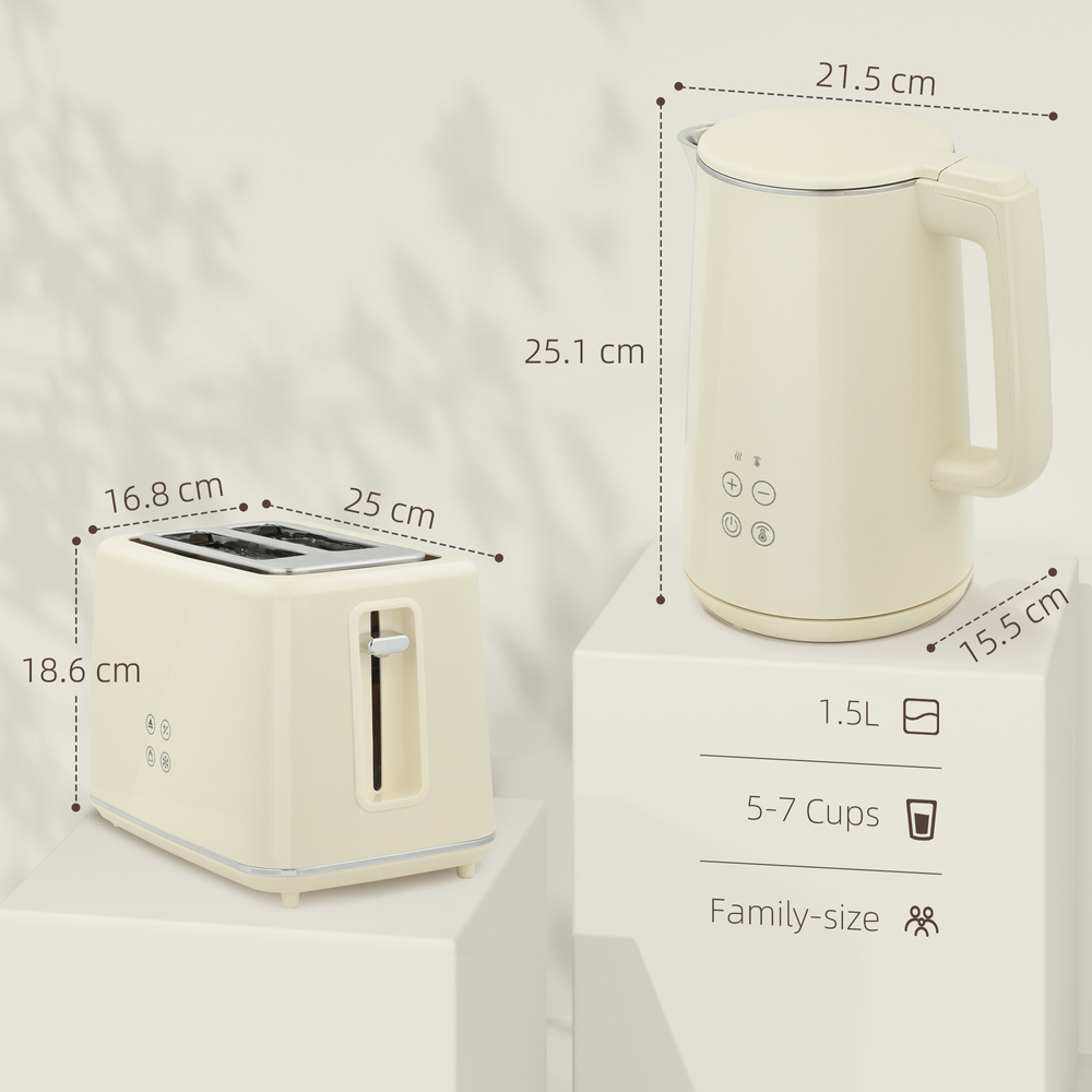 HOMCOM Digital Stainless Steel Kettle and Toaster Set, 1.5L 3000W Fast Boil Kettle, 2 Slice Toaster with 7 Level Browning Controls, Defrost, Reheat, Keep Warm, Crumb Tray and LED Touch Display, Beige