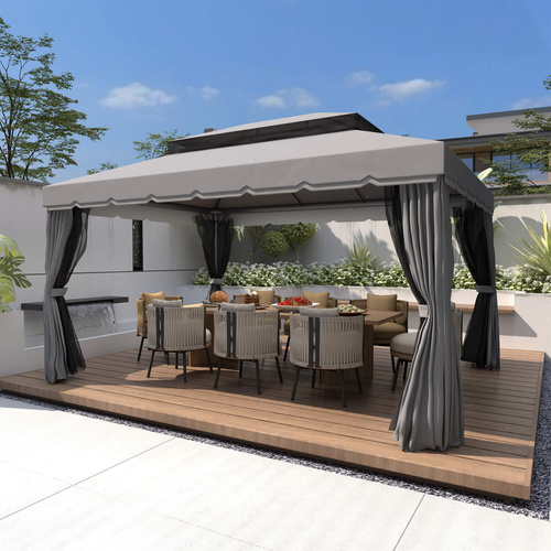 Outsunny 3 x 4m Aluminium Garden Gazebo, Marquee Canopy Shelter Pavilion Party Tent with Nets and Curtains for Garden and Deck, Dark Grey
