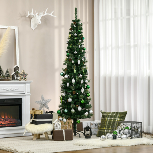 HOMCOM 6.5FT Tall Pencil Slim Artificial Christmas Tree with Realistic Branches, Tip Count and Pine Cones, Pine Needles Tree, Xmas Decoration, Green