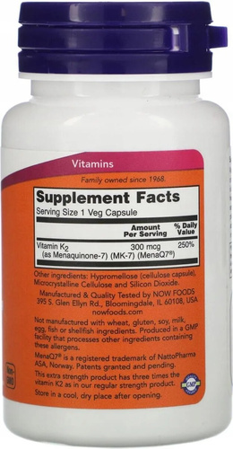 Now Foods MK-7 Vitamin K-2 100mcg Wspiera Zdrowe Kości I Wspomaga Układ Krążenia 60 Kapsułek