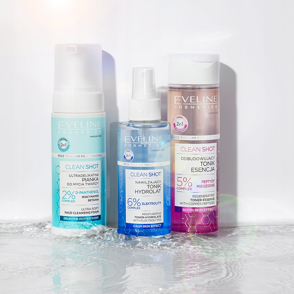 Eveline Face Therapy Professional Clean Shot Nawilżający Tonik-Hydrolat 6% Kompleks Elektrolitów dla Każdego Rodzaju Skóry 150ml