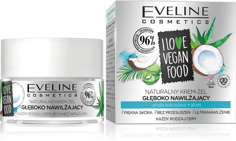 EVELINE I LOVE VEGAN FOOD, Naturalny Krem - ŻEL głęboko nawilżający, woda kokosowa i aloes, 50ml