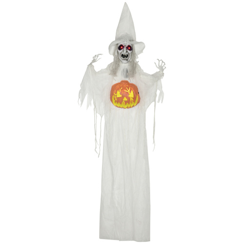 HOMCOM 6ft Outdoor Halloween Decoration Witch with Pumpkin, Hanging Skeleton Witch Prop Life Size with Sound and Motion Activated, Light Up Eyes, Laughing Sound, Posable Arms, White
