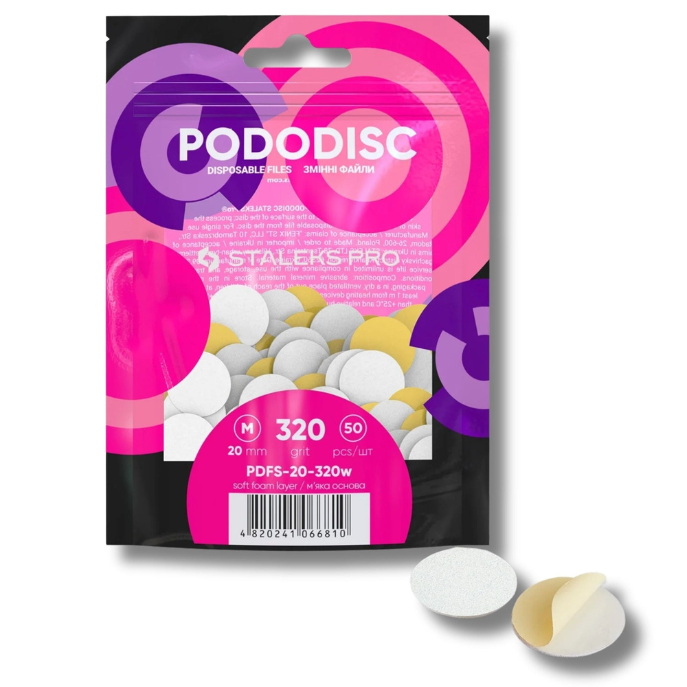 Staleks Pro Expert Pododisc Disposable Pedicure White Files Discs on Soft Foam Layer Size M 20mm Grit 320 50pcs