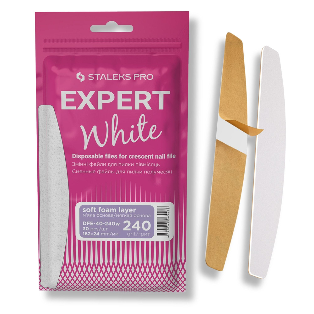 Staleks Pro Expert 40 White Disposable Crescent Nail File Refills on a Soft Foam Layer 240 Grit DFE-40-240w 30pcs