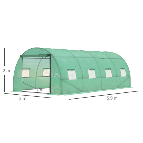 Outsunny Walk-in Polytunnel Greenhouse, Outdoor Garden Tunnel Greenhouse Tent with Zipped Roll-Up Door and 8 Mesh Windows, 6 x 3M
