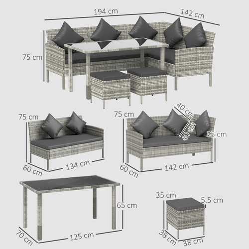 Outsunny tsunny 6-Seater Rattan Dining Set Sofa Table Footstool Outdoor w/ Cushion Garden Furniture, Dark Grey