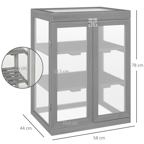 Outsunny 3-tier Wood Greenhouse Garden Polycarbonate Cold Frame Grow House w/ Storage Shelf, Dark Grey
