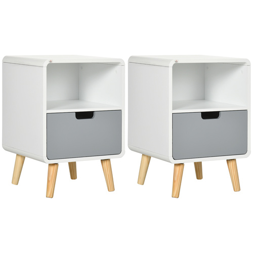 HOMCOM Wooden Bedside Table End Nightstand With Drawer Wood Lamp Desk Storage Unit Bedroom Scandinavian Nordic Style, Set of 2