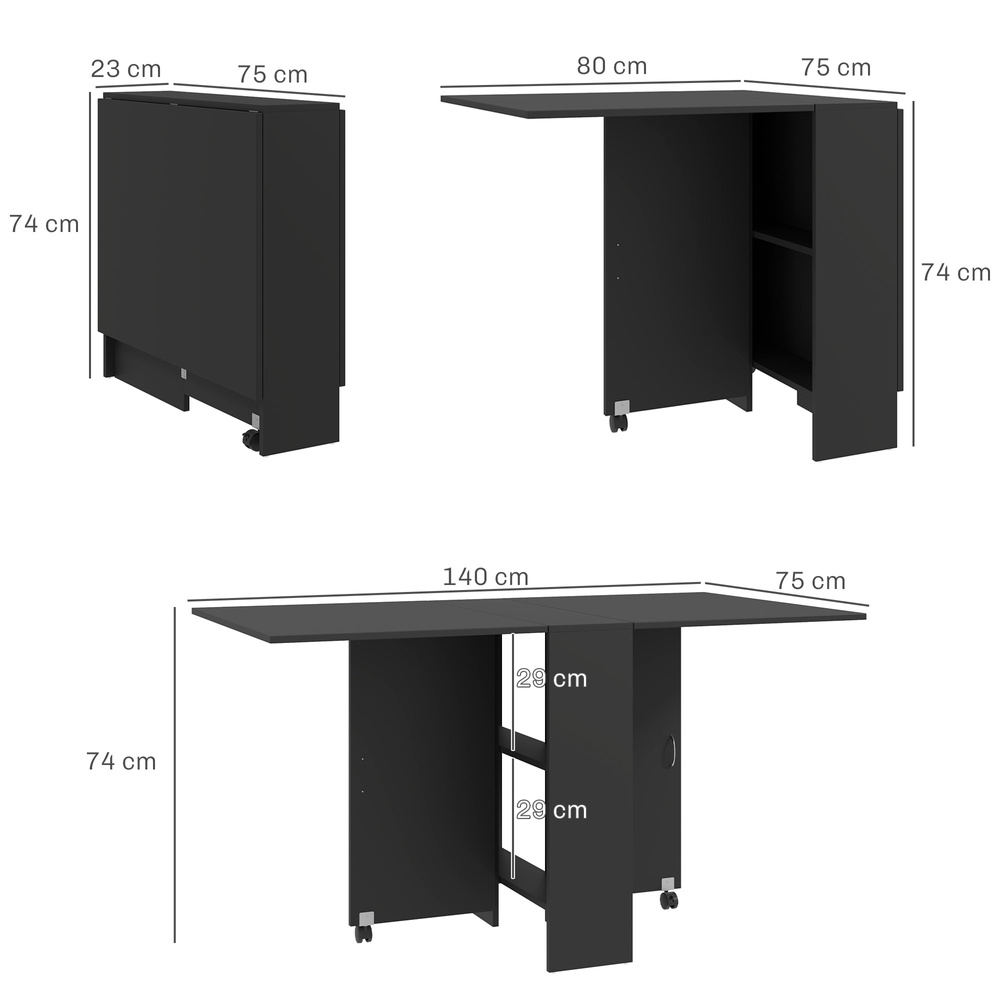 HOMCOM Foldable Dining Table, Extendable Drop Leaf Table with 2-tier Shelves, Small Dinner Table with Rolling Casters
