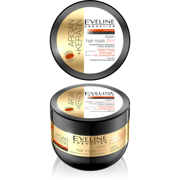 Eveline Argan Keratin 8w1 Maska Arganowa do Włosów Zniszczonych i Farbowanych 300ml