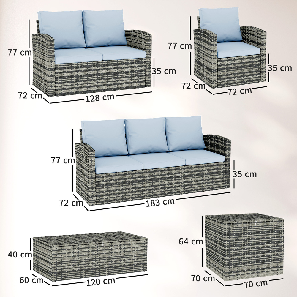 Outsunny 6 Pieces Rattan Garden Furniture Set, 7 Seater Wicker Outdoor Furniture Set with Storage Tea Table & Side Table, Sectional Garden Sofa Set with Cushions, Grey