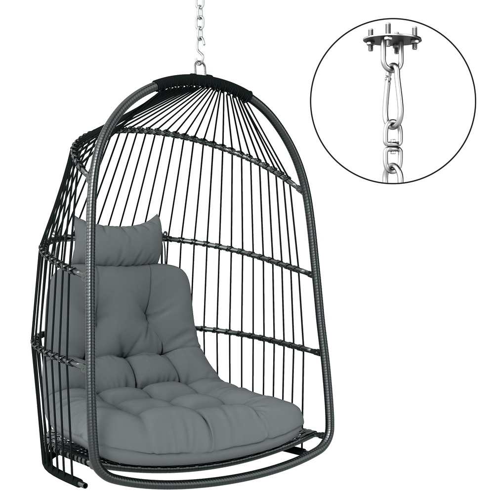 Outsunny Hanging Egg Chair, Foldable Rattan Garden Swing Chair with Installation Kit, Thickened Cushion and Headrest, Indoor Outdoor Hanging Egg Basket Seat for Patio, Porch, Dark Grey